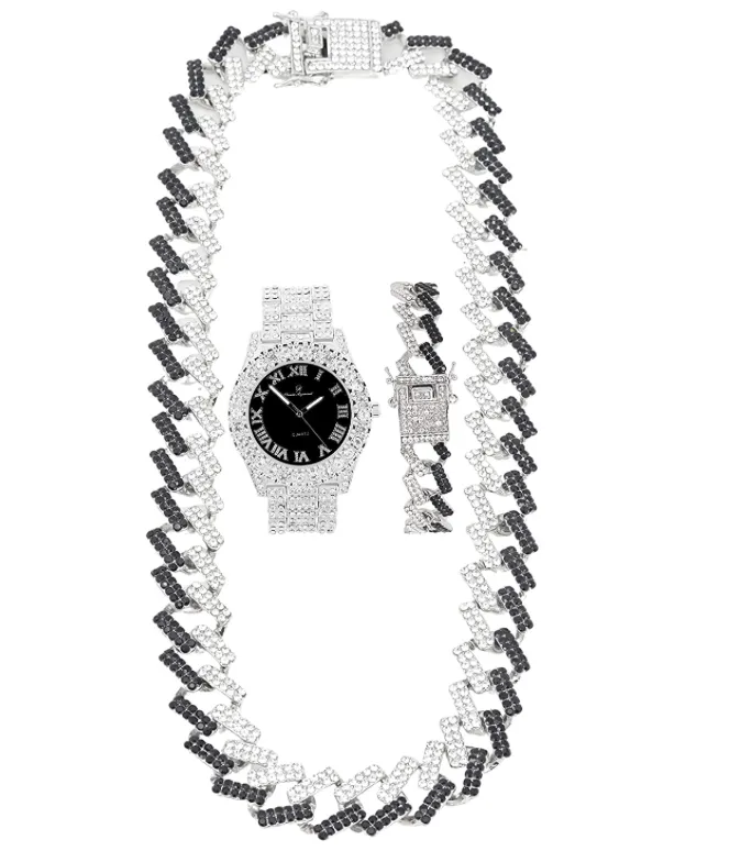 Red Face Watch Gold Color Simulated Diamond Cuban Link Chain Set Spike Necklace Bust Down Hip Hop Bracelet Bundle