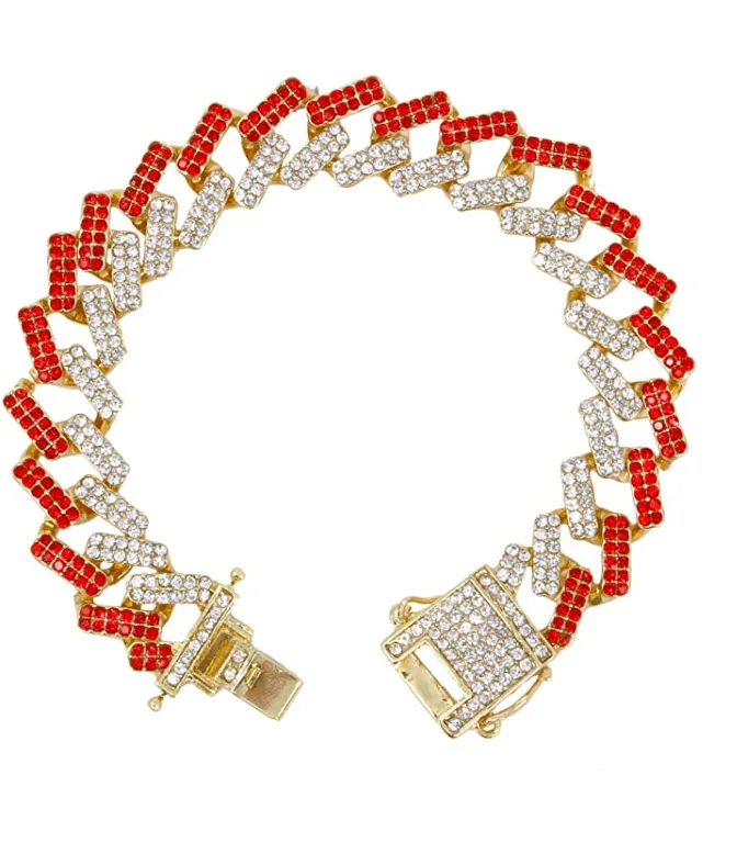 Red Face Watch Gold Color Simulated Diamond Cuban Link Chain Set Spike Necklace Bust Down Hip Hop Bracelet Bundle