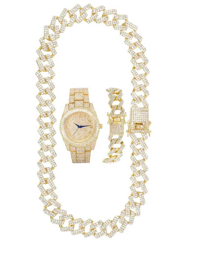 Red Face Watch Gold Color Simulated Diamond Cuban Link Chain Set Spike Necklace Bust Down Hip Hop Bracelet Bundle