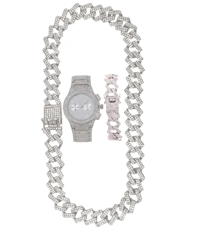 Red Face Watch Gold Color Simulated Diamond Cuban Link Chain Set Spike Necklace Bust Down Hip Hop Bracelet Bundle