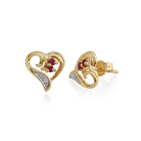 Rubin & Diamant Herz Ohrstecker in 9ct Gelb Gold