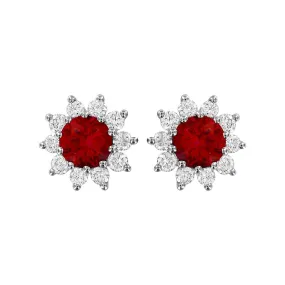 Ruby & Diamond Cluster Stud Earrings | 18K White Gold