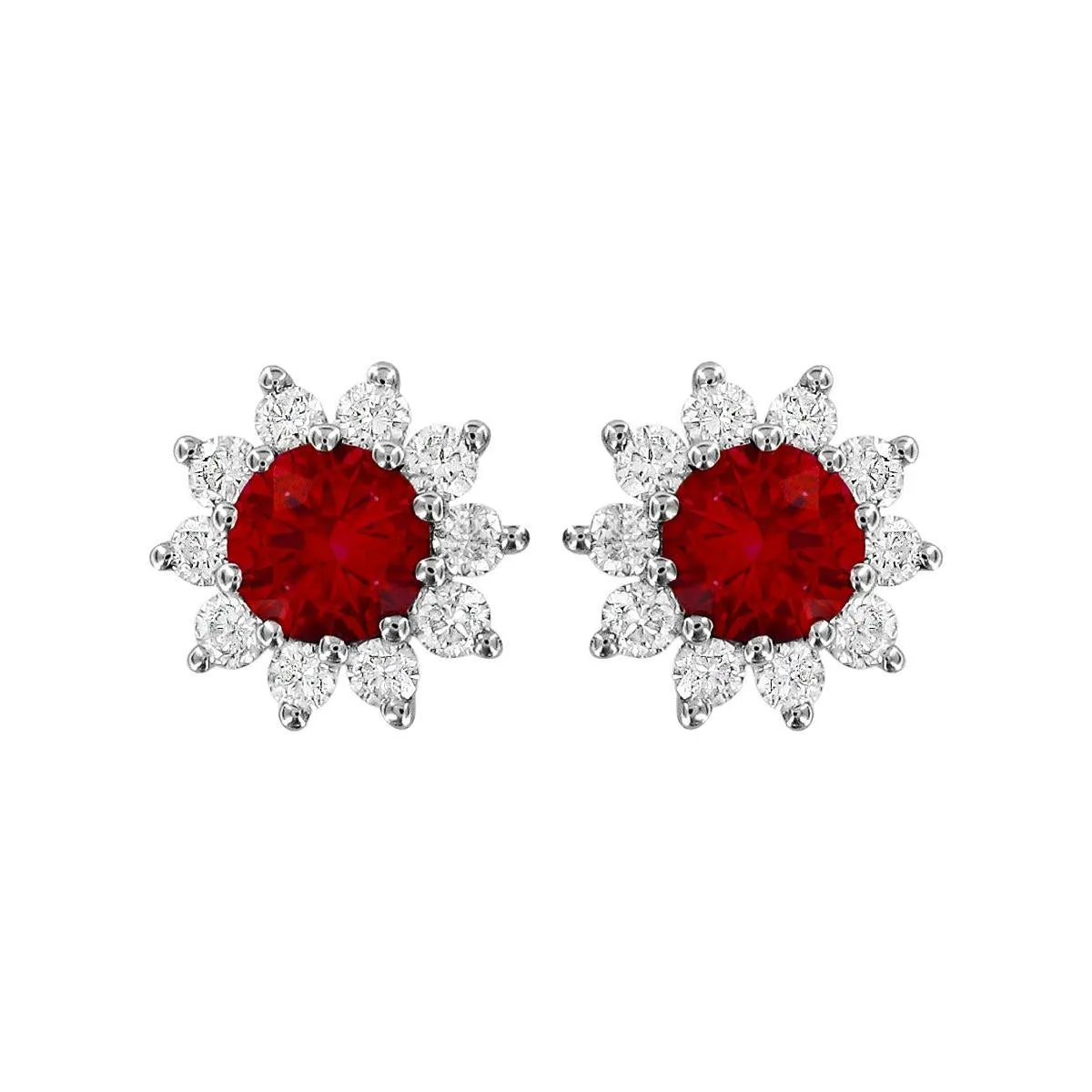 Ruby & Diamond Cluster Stud Earrings | 18K White Gold