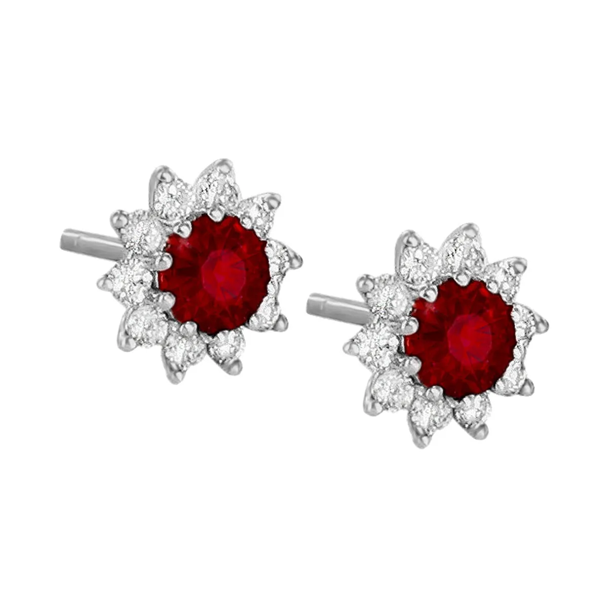 Ruby & Diamond Cluster Stud Earrings | 18K White Gold
