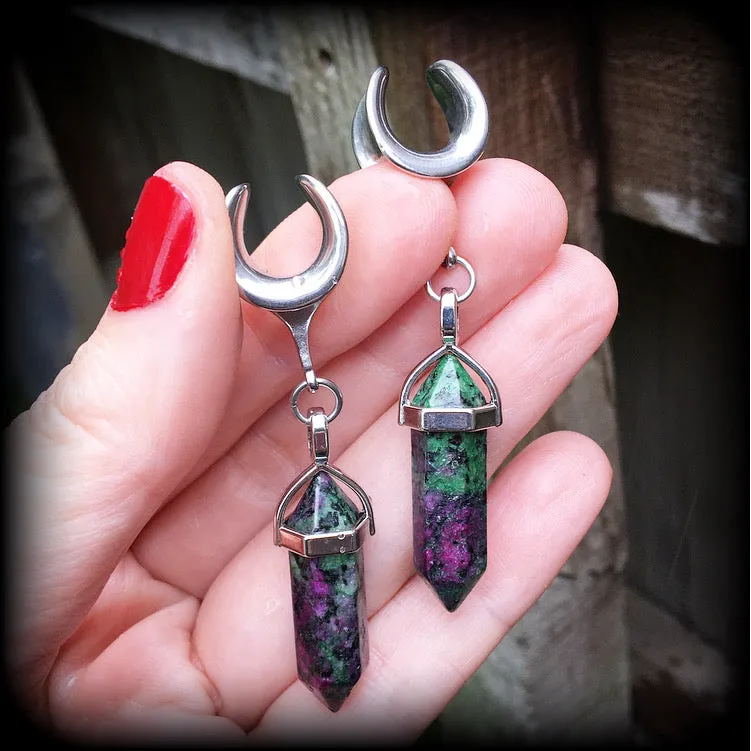 Ruby in Fuchsite ear hangers-Gemstone gauged earrings