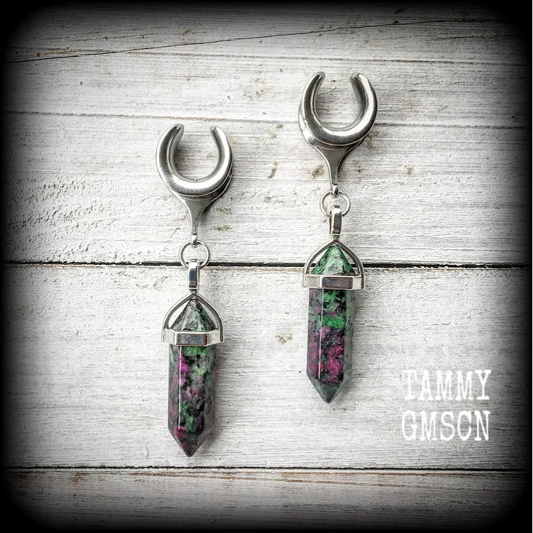 Ruby in Fuchsite ear hangers-Gemstone gauged earrings