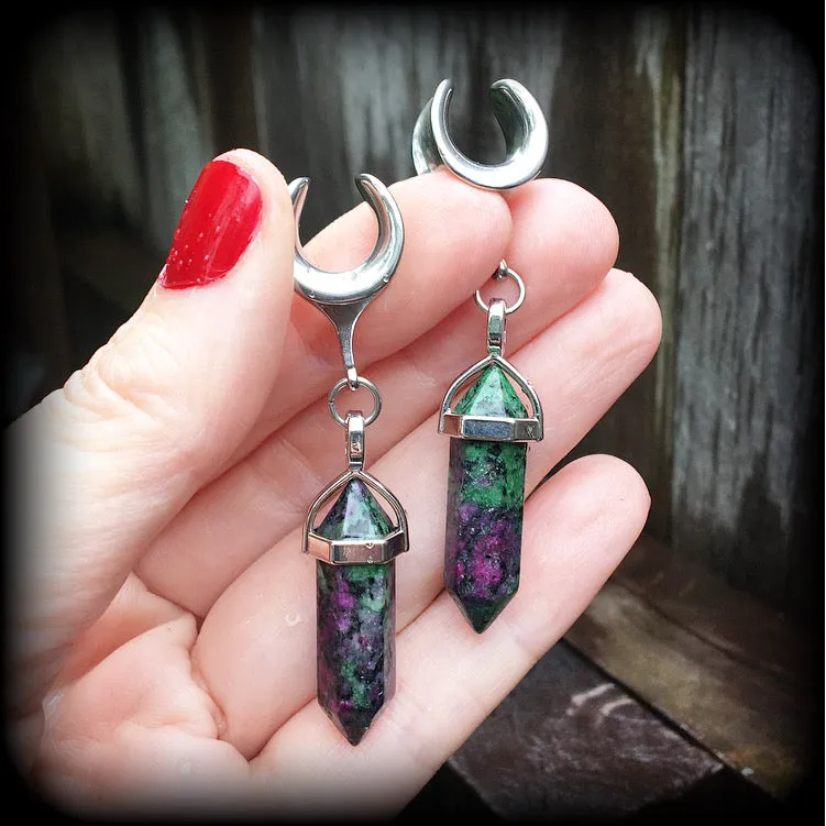 Ruby in Fuchsite ear hangers-Gemstone gauged earrings