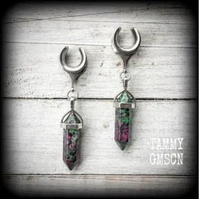 Ruby in Fuchsite ear hangers-Gemstone gauged earrings