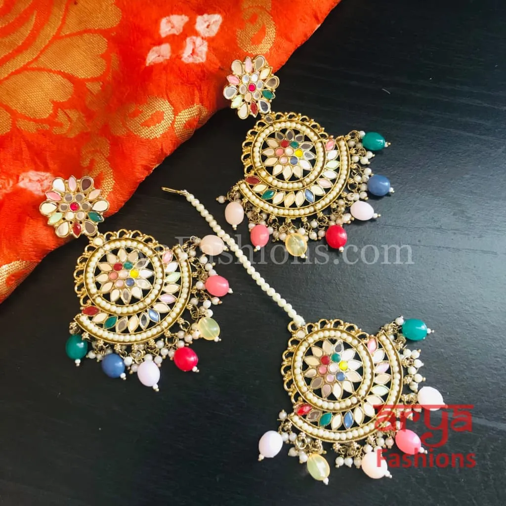 Sheena Mirror Mang Tika and Chandbali Earrings Combo Set