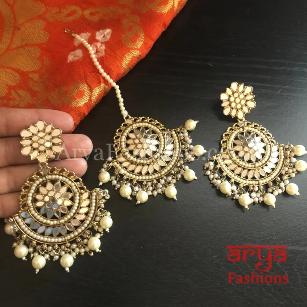 Sheena Mirror Mang Tika and Chandbali Earrings Combo Set