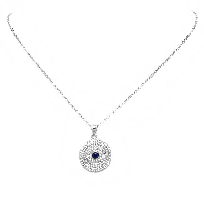 Silver Cubic Zirconia Pave Evil Eye Pendant Necklace