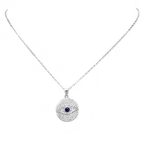 Silver Cubic Zirconia Pave Evil Eye Pendant Necklace