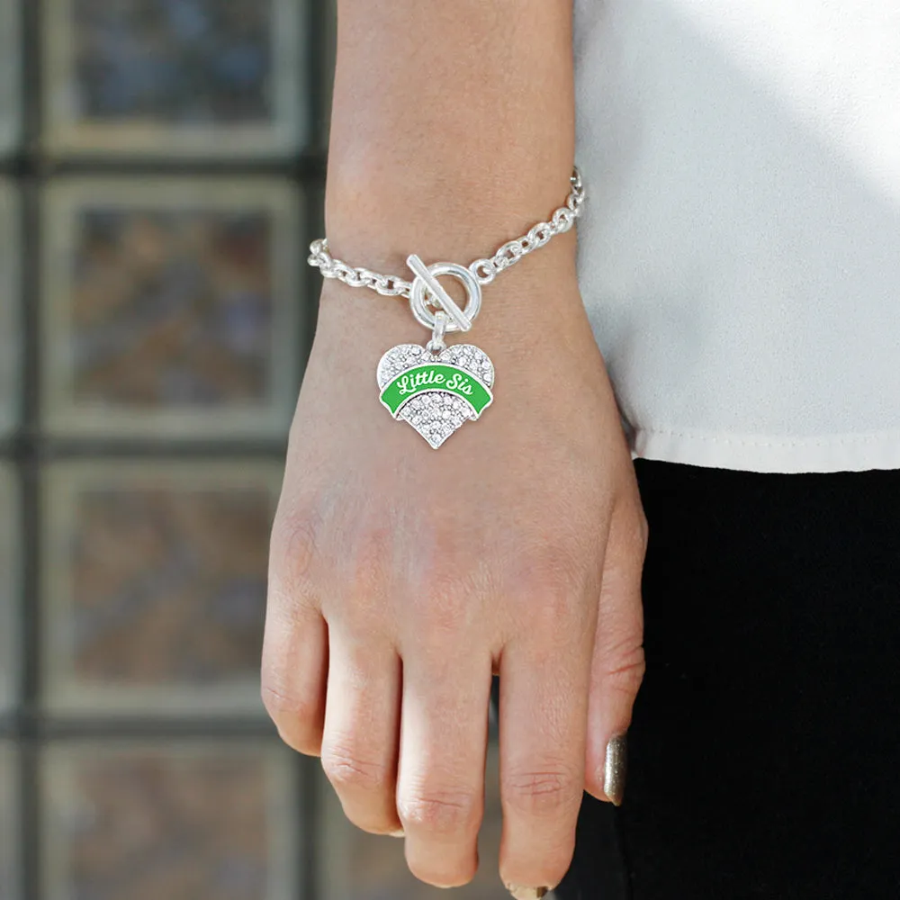 Silver Emerald Green Little Sister Pave Heart Charm Toggle Bracelet