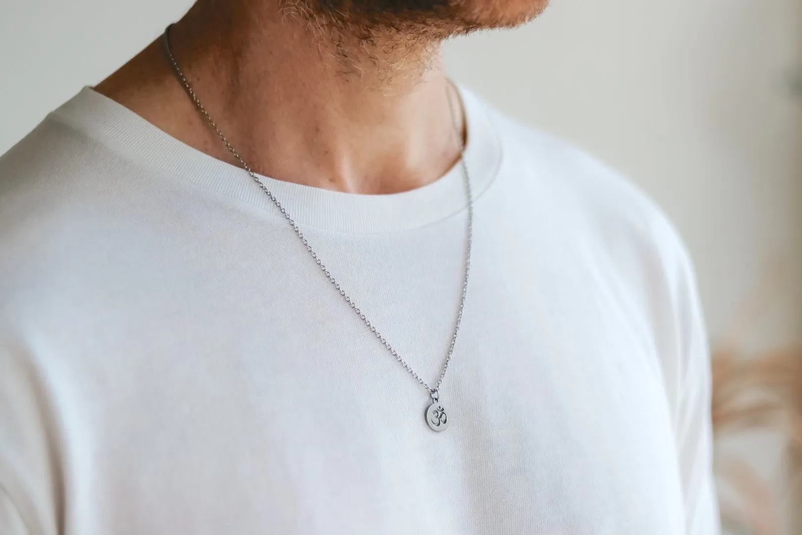 Silver Om necklace for men, stainless steel chain necklace, waterproof