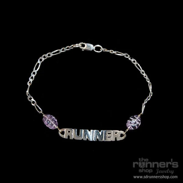 Silver "Runner" w/ Etched Amethyst and Silver Chain Bracelet