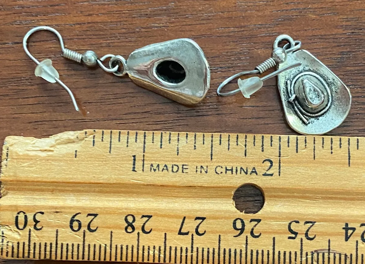 Silver Tone Metal Cowboy Hat Drop Dangly Pierced Earrings
