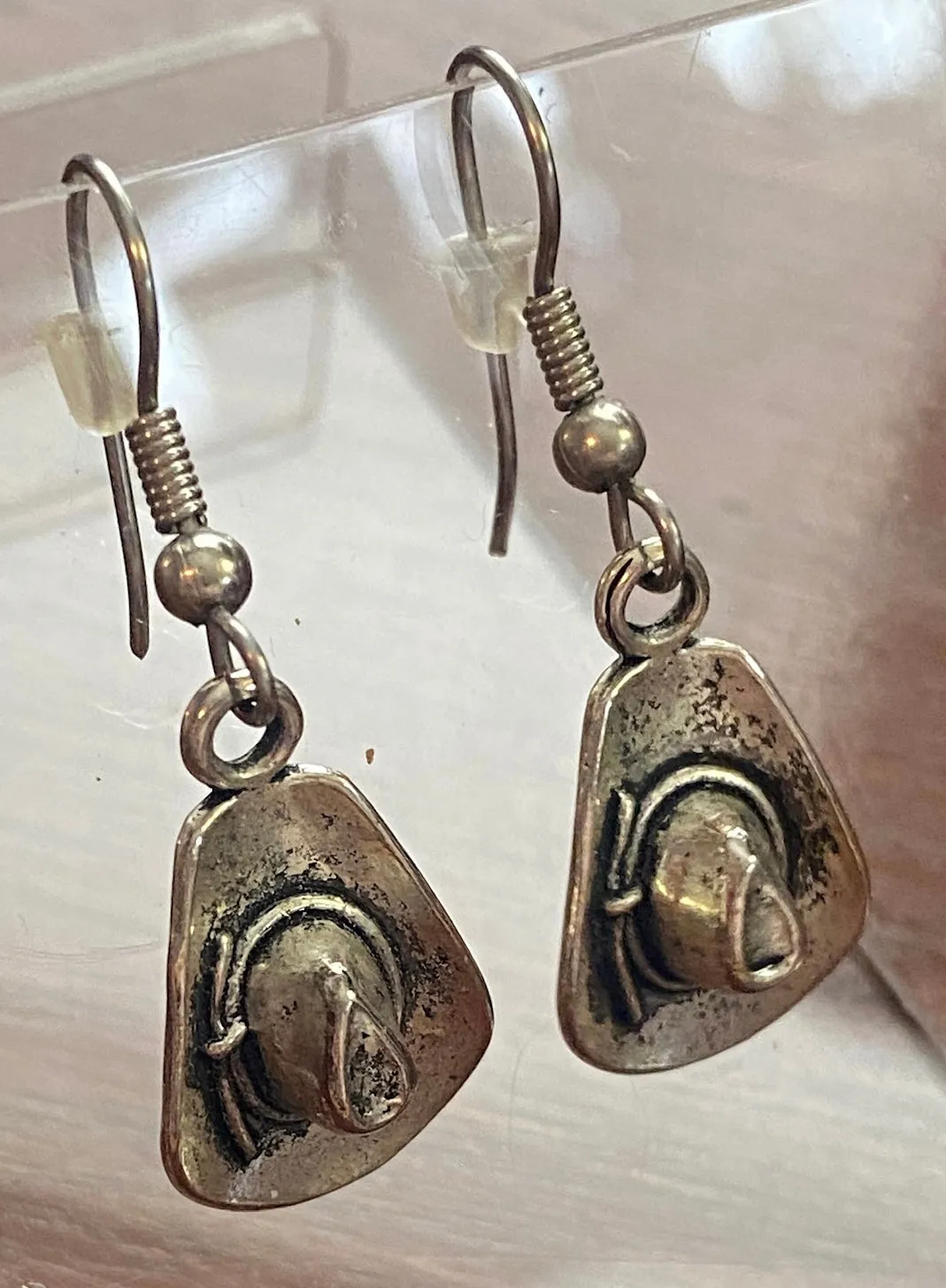 Silver Tone Metal Cowboy Hat Drop Dangly Pierced Earrings