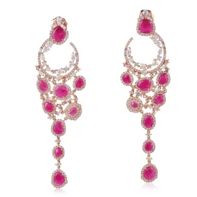 Slice Ruby July Birthstone Beautiful Chandelier Earrings Pave Baguette Diamond In 18K Rose Gold