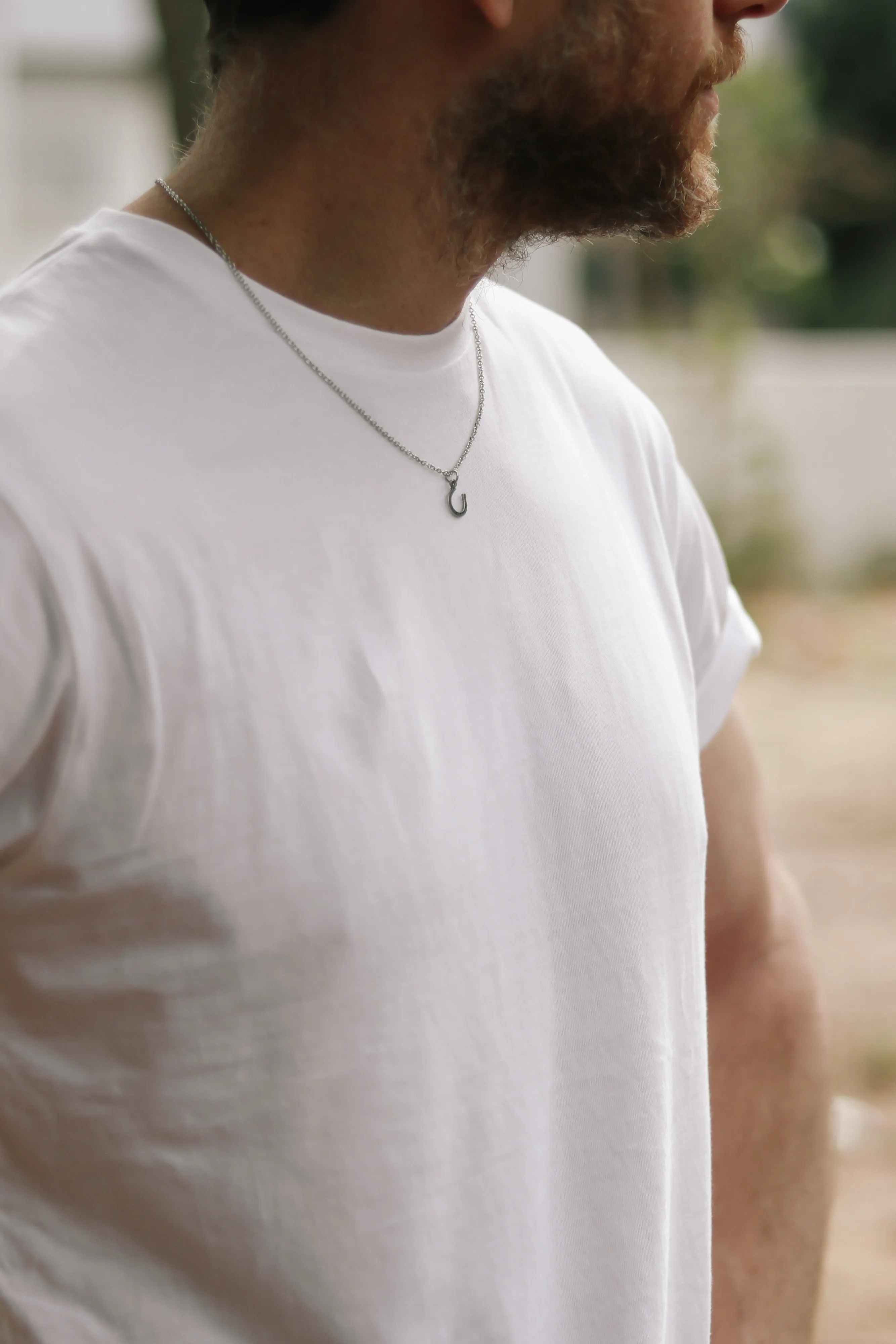 Small silver horseshoe necklace for men, stainless steel chain necklace, waterproof