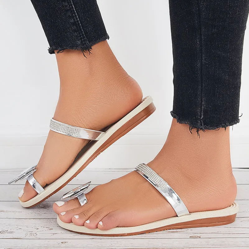 Sohiwoo  Women Butterfly Toe Ring Slippers Toe Loop Flat Slide Sandals