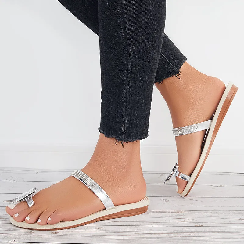 Sohiwoo  Women Butterfly Toe Ring Slippers Toe Loop Flat Slide Sandals