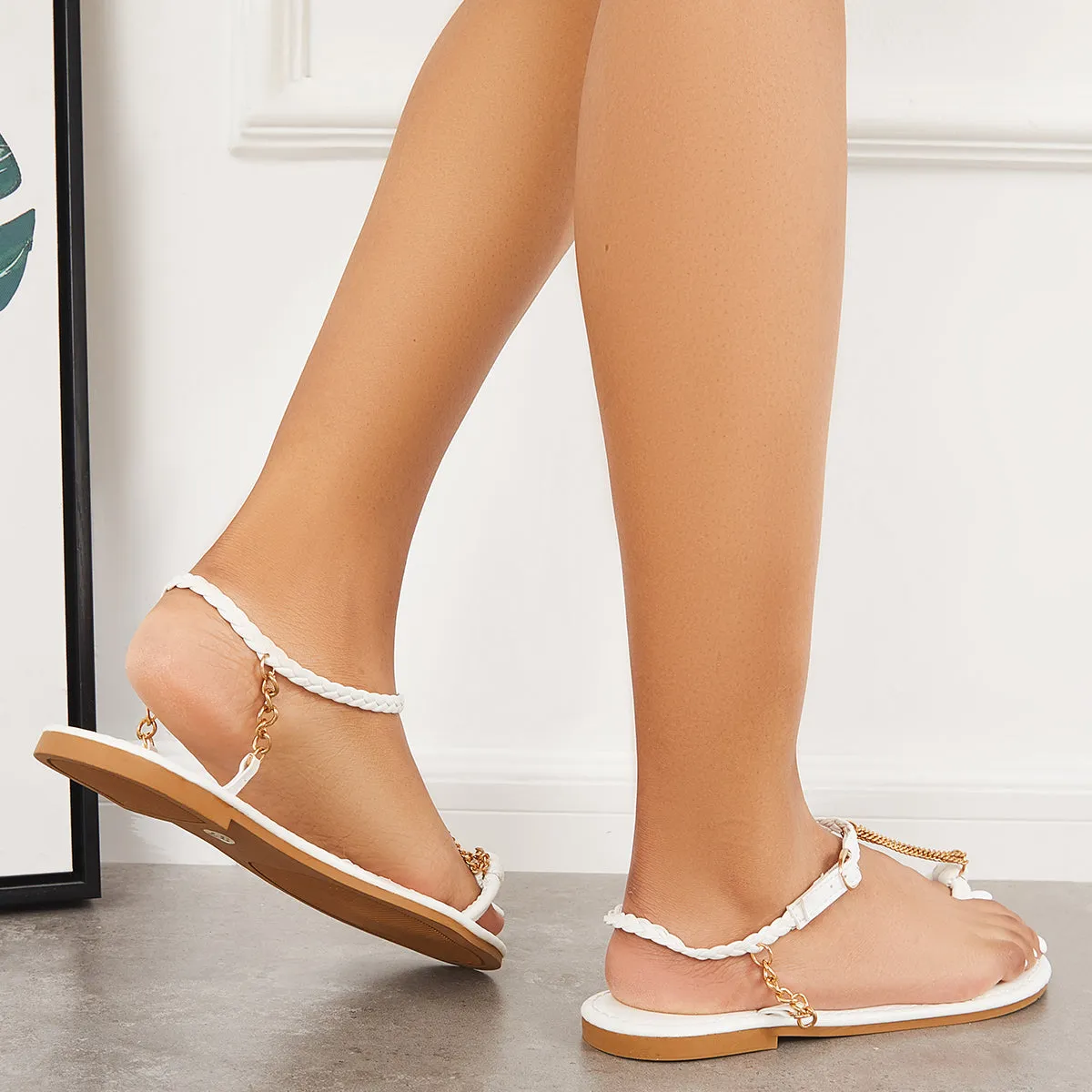 Sohiwoo Women Metal Chain Flat Ankle Strap Toe Loop Sandals