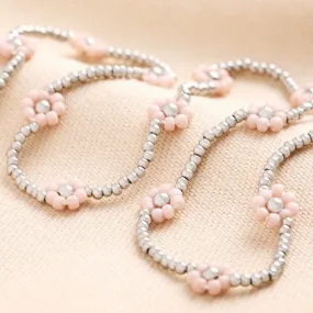 Stainless Steel Pink Daisy Beaded Necklace in Silver