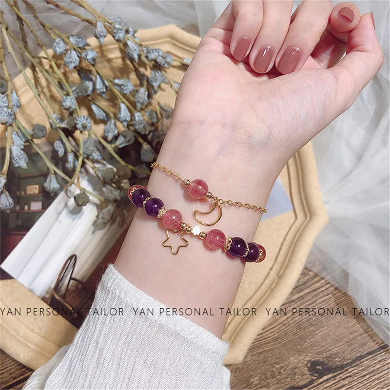 Star and Moon Amethyst Crystal Bracelet for Girls