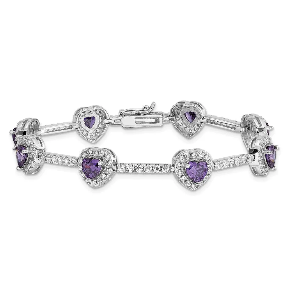 Sterling Silver Amethyst and Cubic Zirconia 7-inch 10MM Tennis Heart Bracelet