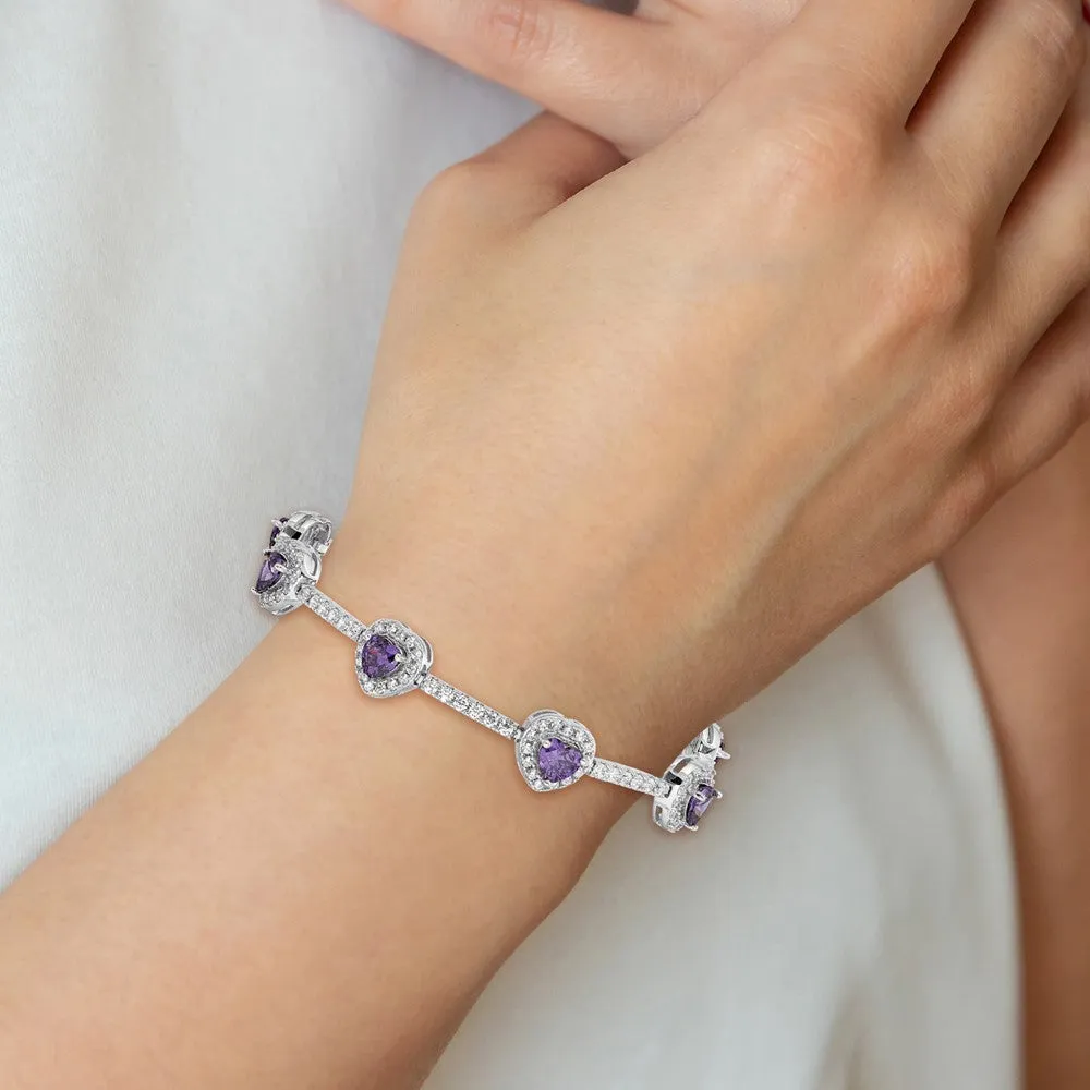Sterling Silver Amethyst and Cubic Zirconia 7-inch 10MM Tennis Heart Bracelet