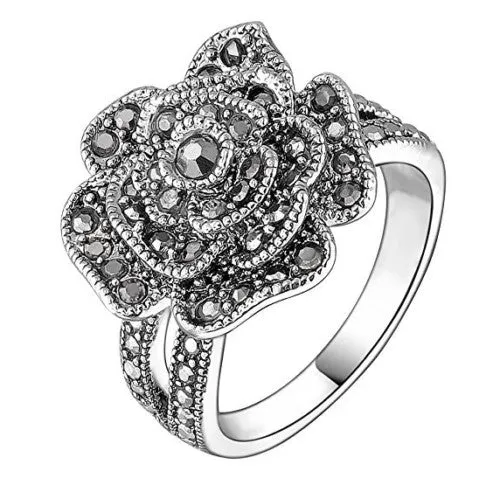 Sterling Silver Marcasite Rose Shape Flower Ring