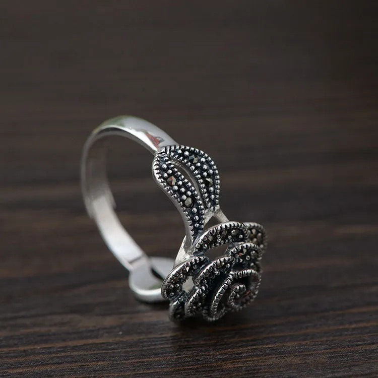 Sterling Silver Marcasite Rose Shape Flower Ring