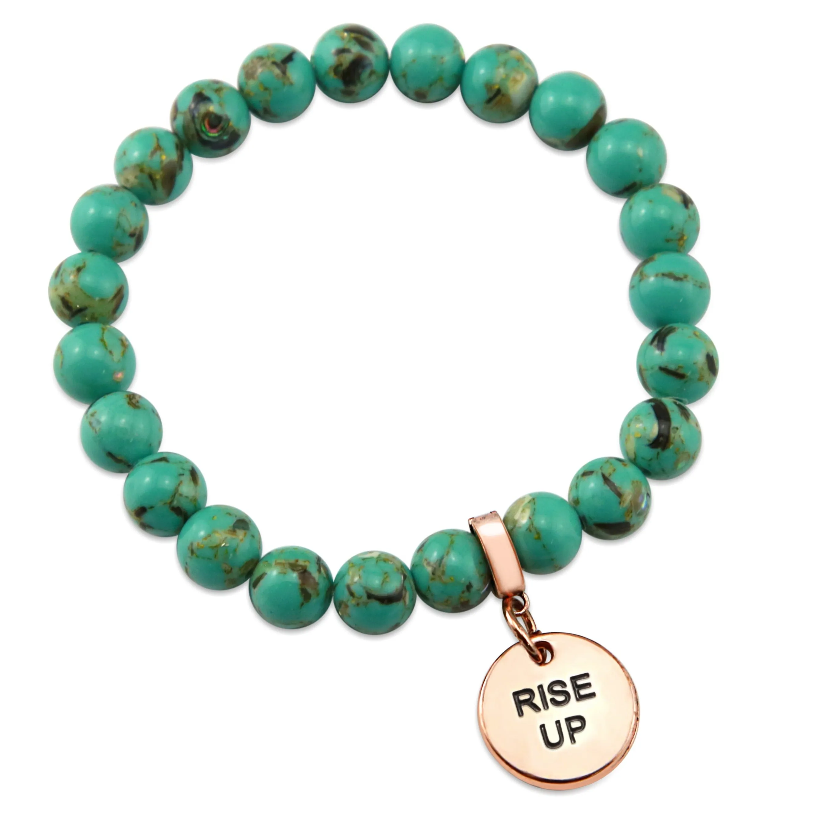 TEAL COLLECTION - Light Teal Synthesis 8mm Beads  - Rose Gold Word Charms