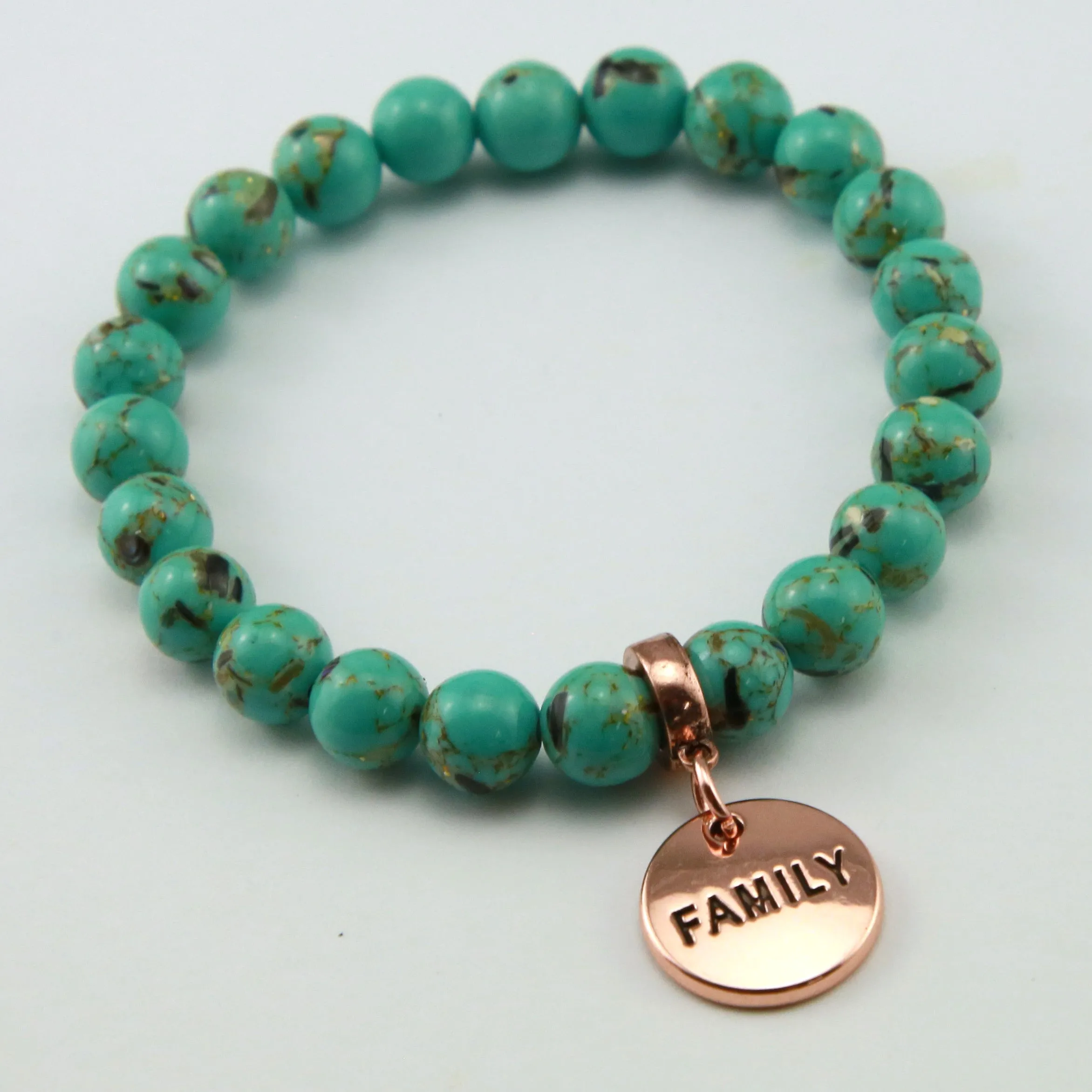 TEAL COLLECTION - Light Teal Synthesis 8mm Beads  - Rose Gold Word Charms