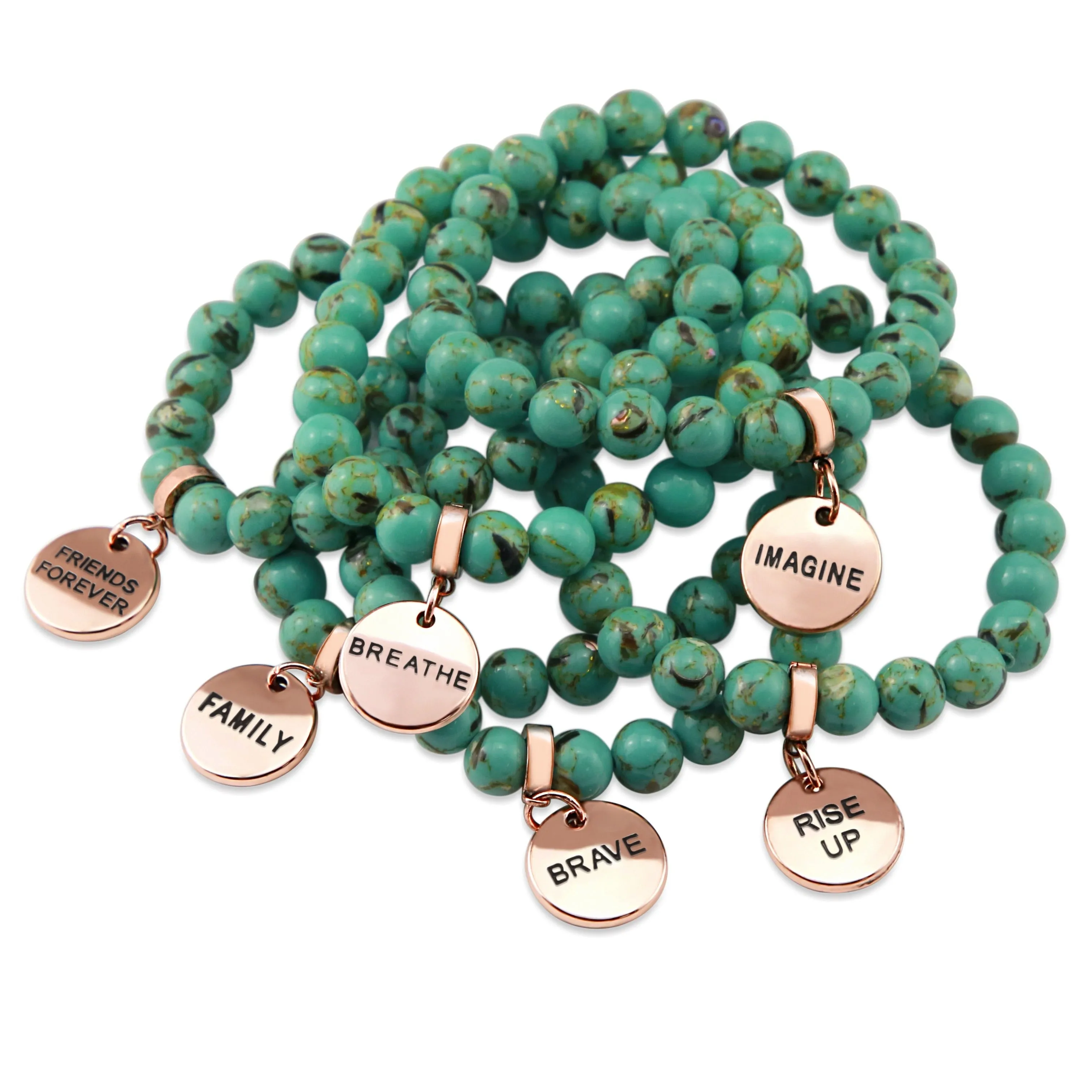 TEAL COLLECTION - Light Teal Synthesis 8mm Beads  - Rose Gold Word Charms