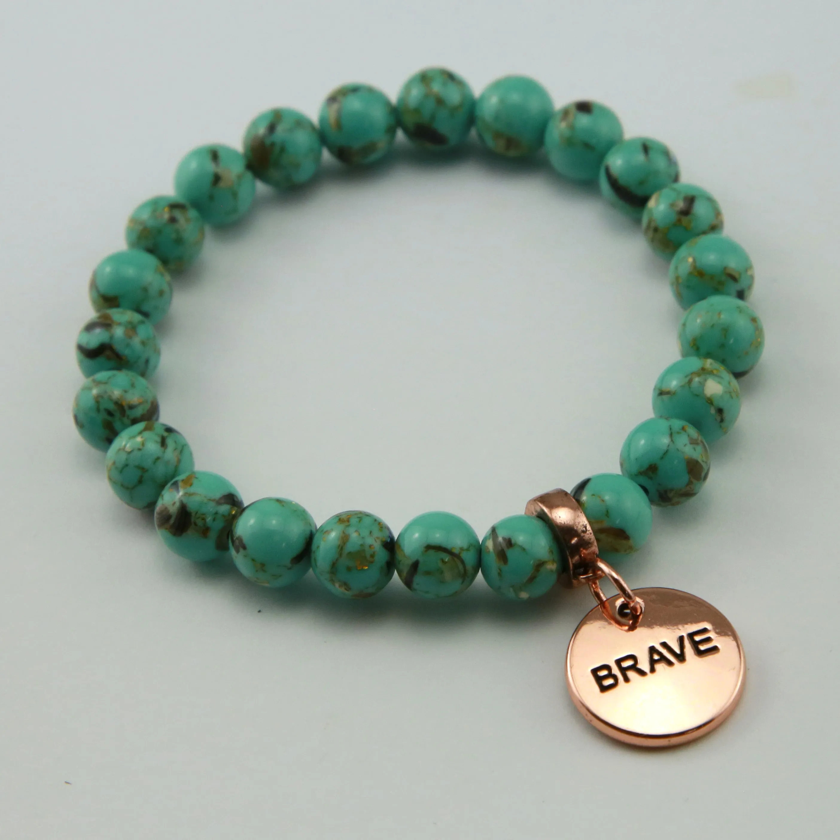 TEAL COLLECTION - Light Teal Synthesis 8mm Beads  - Rose Gold Word Charms