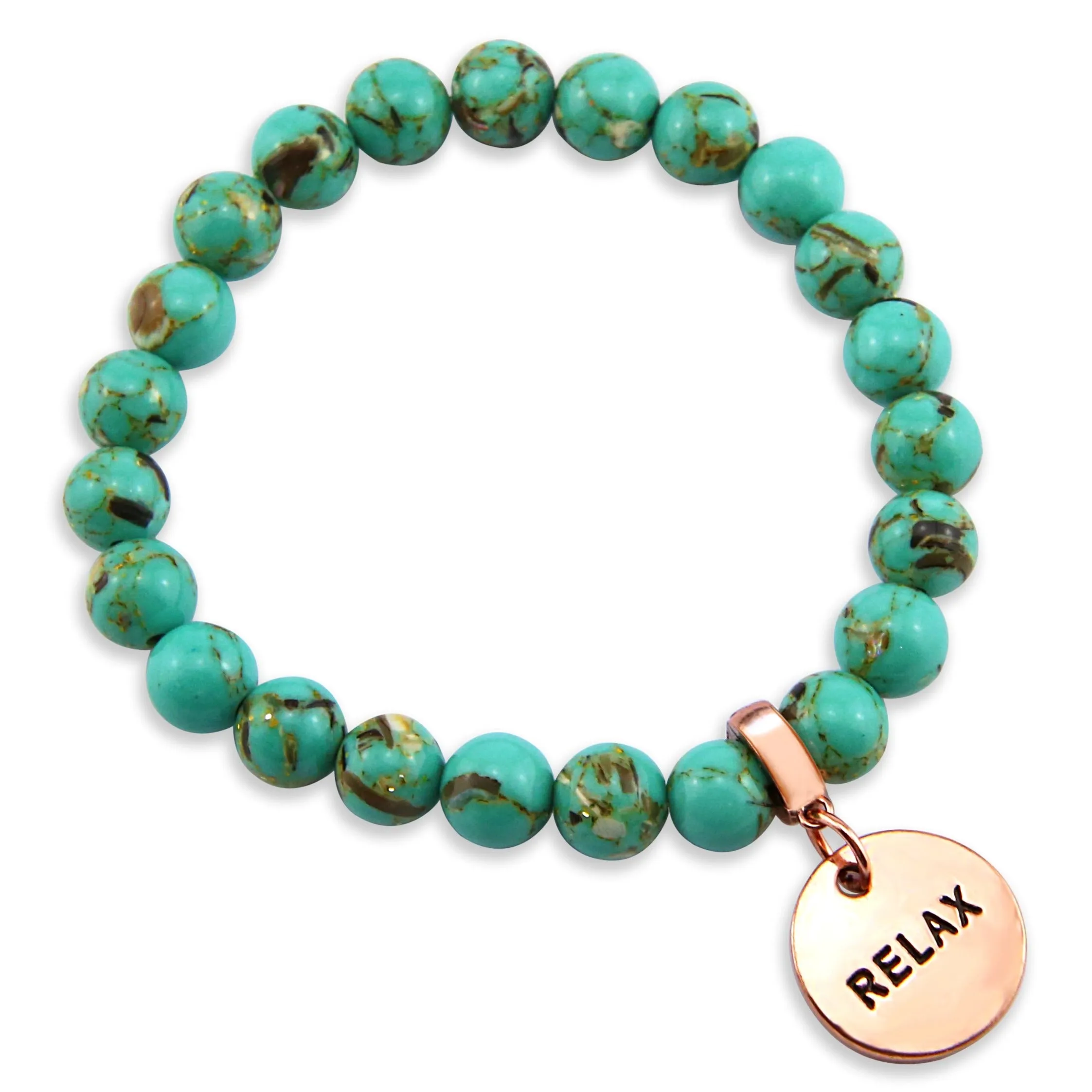TEAL COLLECTION - Light Teal Synthesis 8mm Beads  - Rose Gold Word Charms