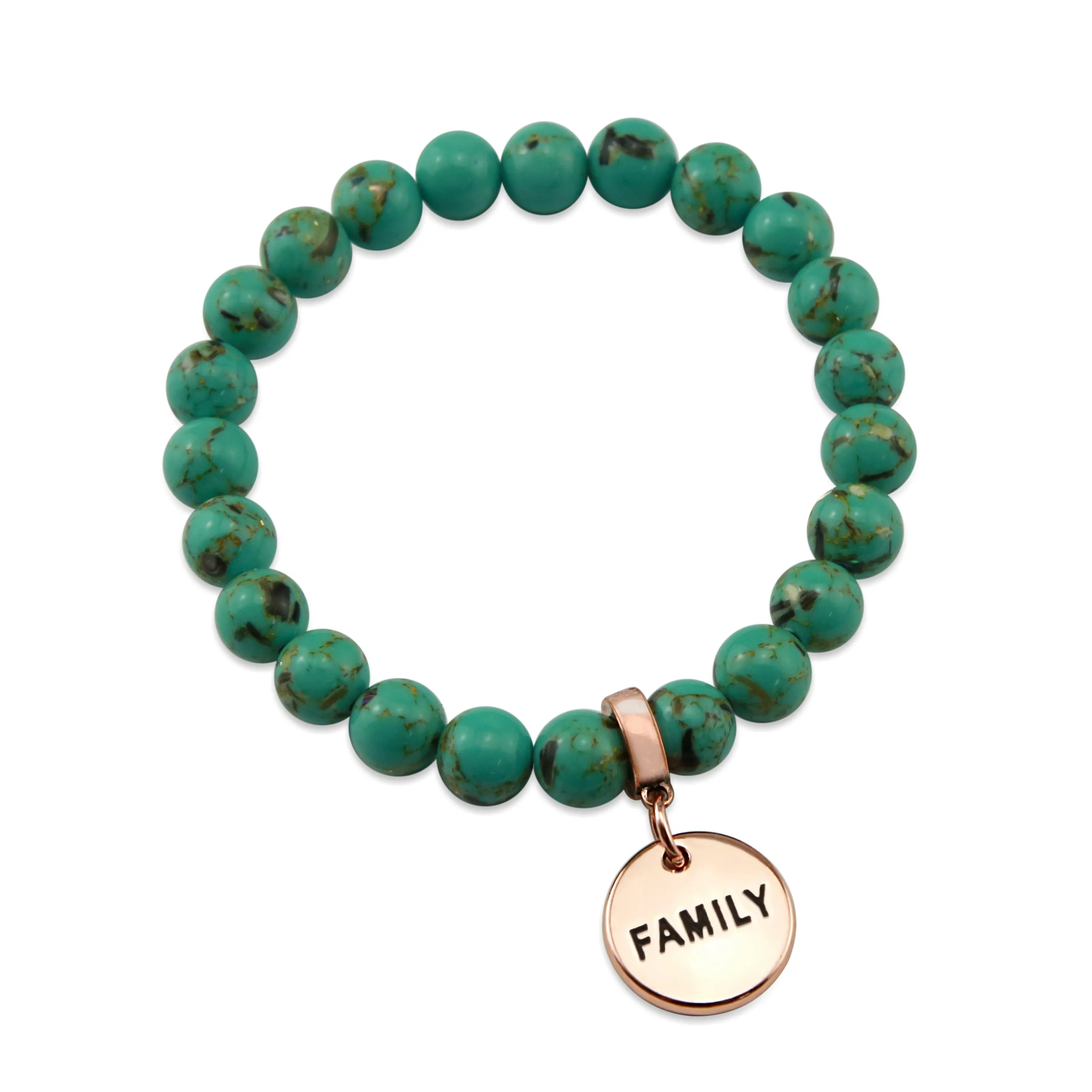 TEAL COLLECTION - Light Teal Synthesis 8mm Beads  - Rose Gold Word Charms