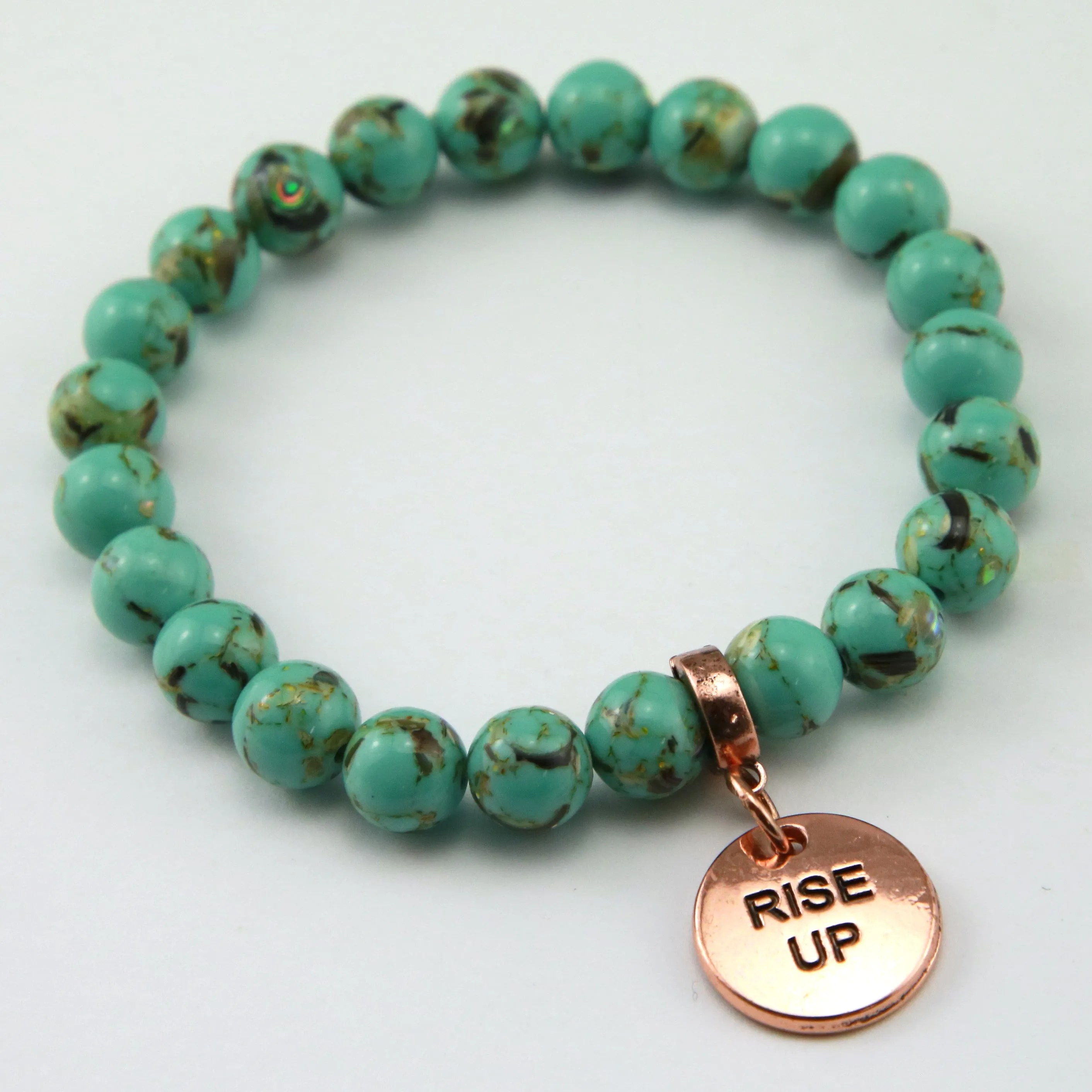 TEAL COLLECTION - Light Teal Synthesis 8mm Beads  - Rose Gold Word Charms