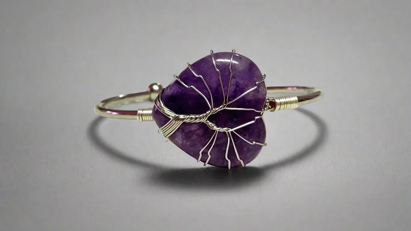 Tree of Life Wire Wrapped Amethyst Heart Bangle Bracelet