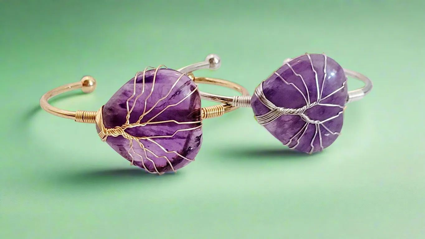 Tree of Life Wire Wrapped Amethyst Heart Bangle Bracelet