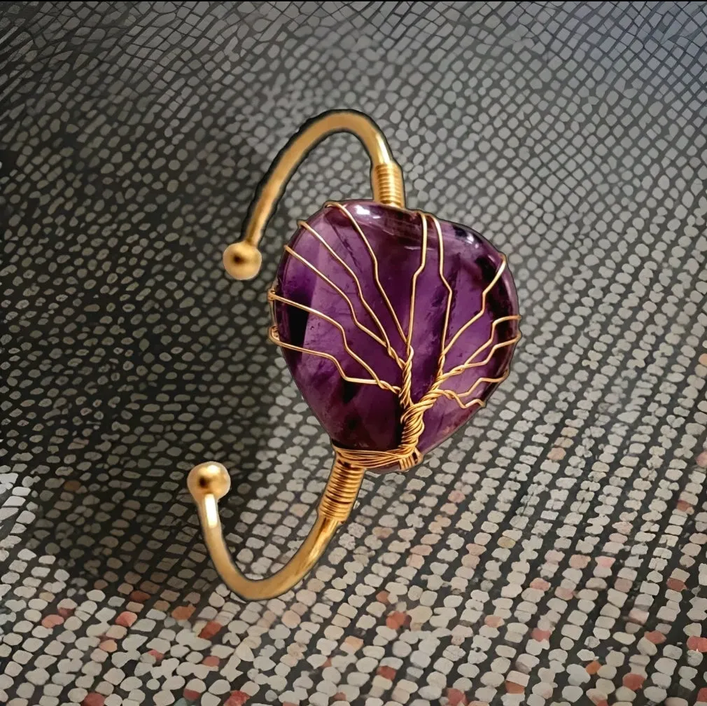 Tree of Life Wire Wrapped Amethyst Heart Bangle Bracelet