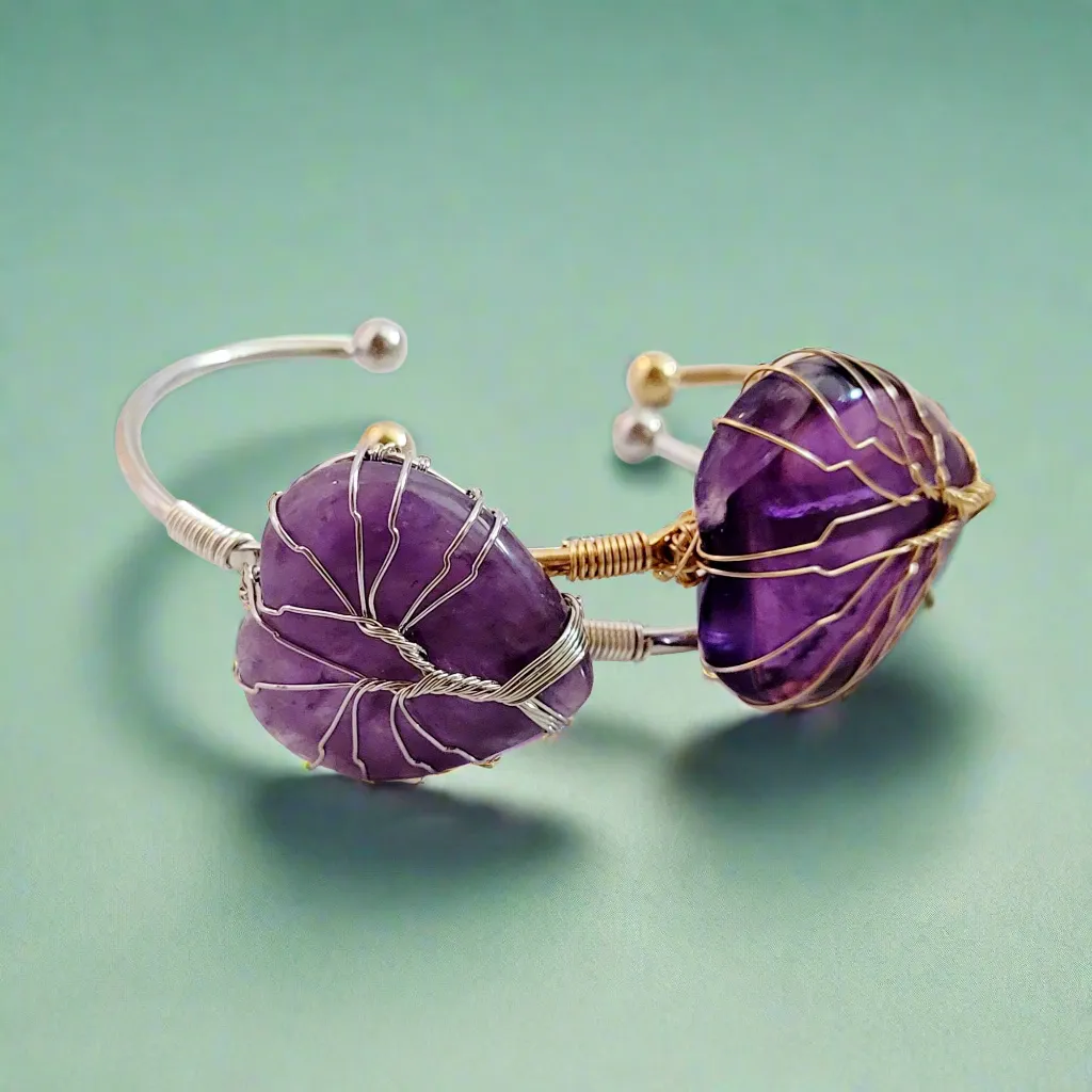 Tree of Life Wire Wrapped Amethyst Heart Bangle Bracelet