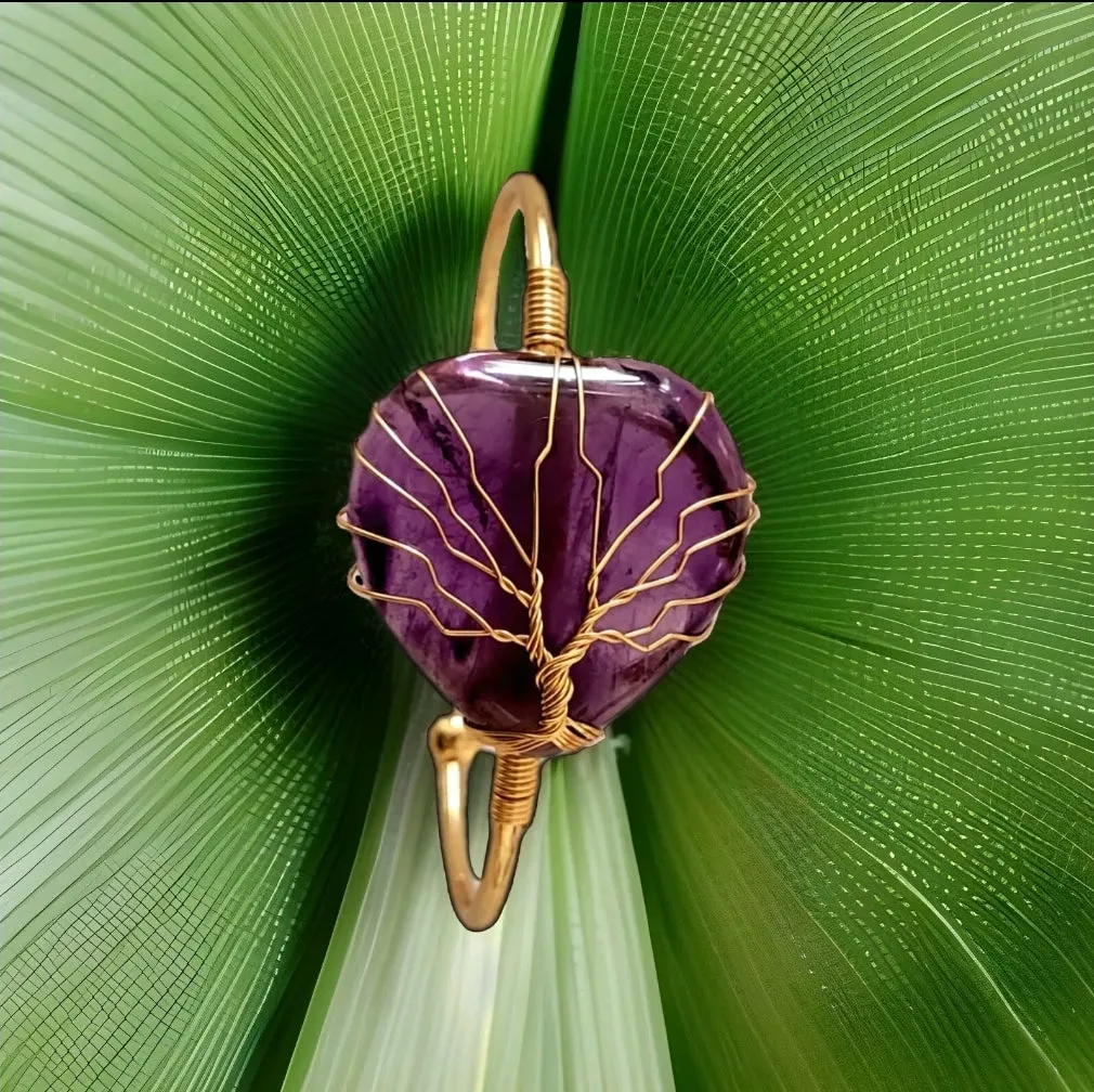 Tree of Life Wire Wrapped Amethyst Heart Bangle Bracelet