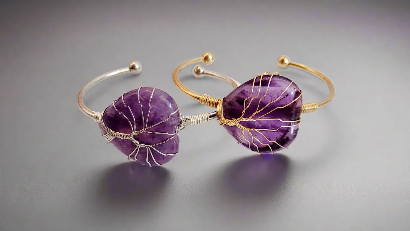 Tree of Life Wire Wrapped Amethyst Heart Bangle Bracelet