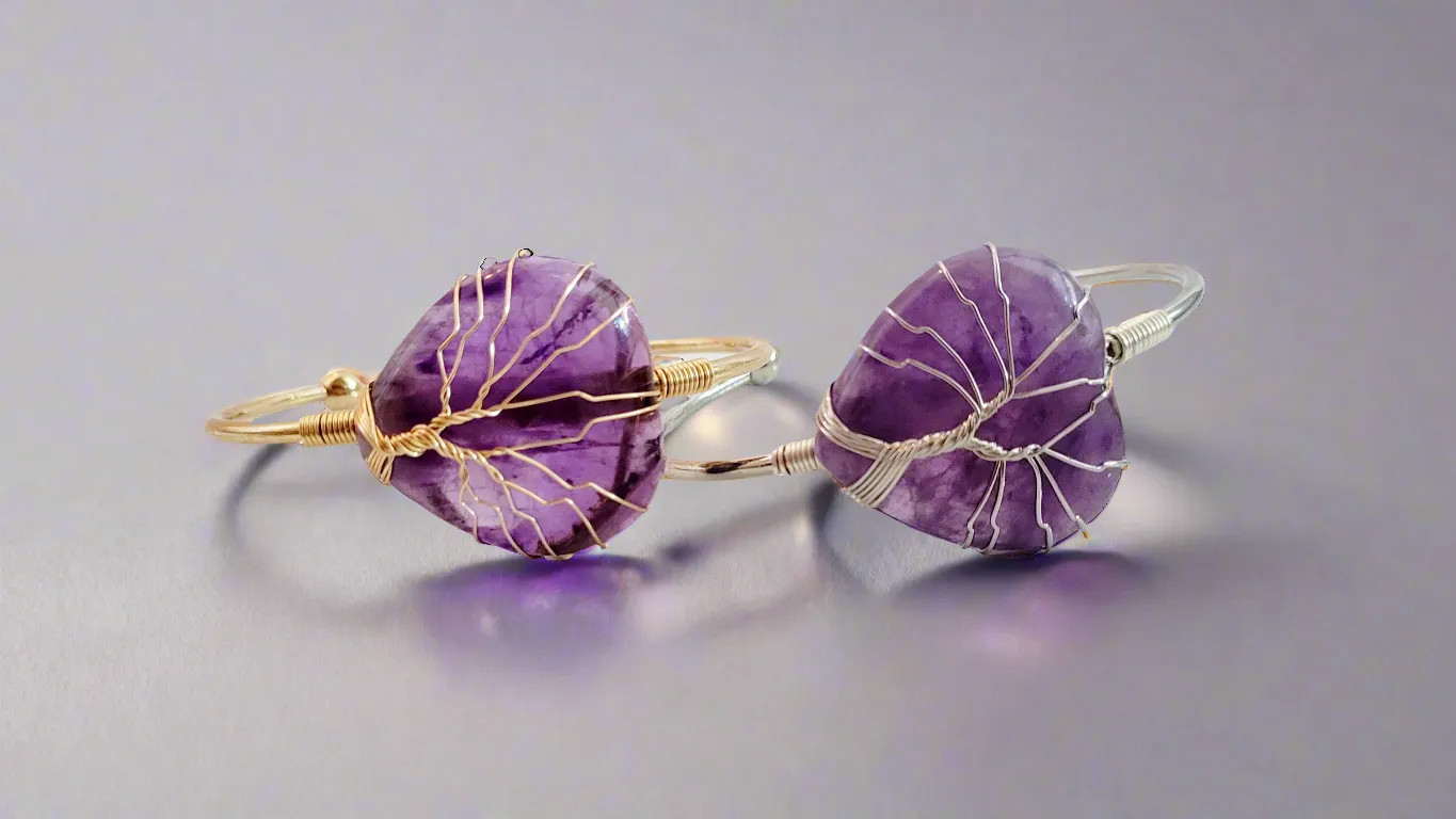Tree of Life Wire Wrapped Amethyst Heart Bangle Bracelet