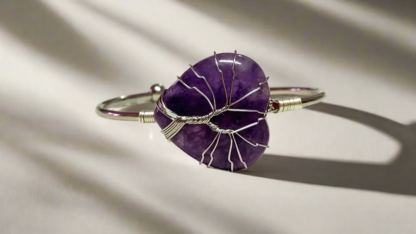 Tree of Life Wire Wrapped Amethyst Heart Bangle Bracelet