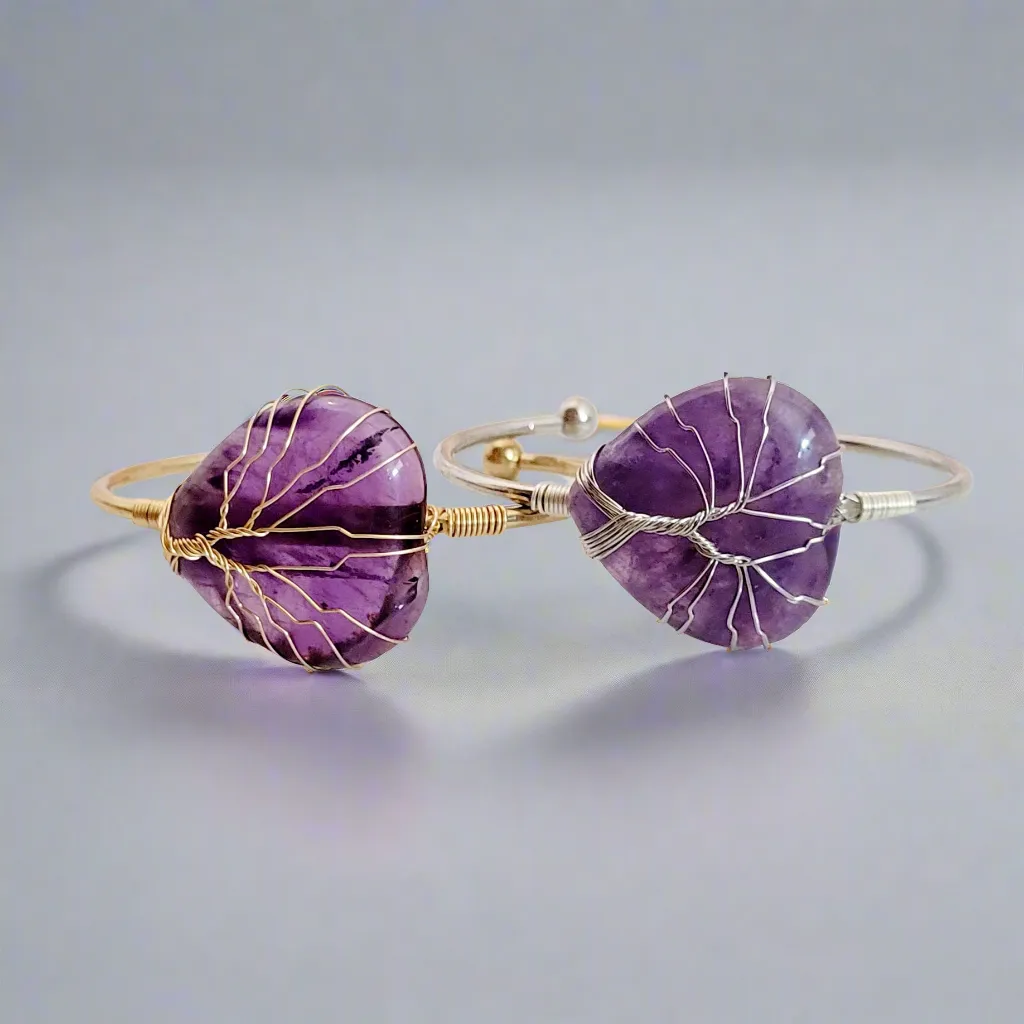 Tree of Life Wire Wrapped Amethyst Heart Bangle Bracelet
