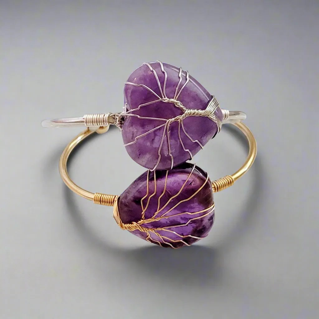 Tree of Life Wire Wrapped Amethyst Heart Bangle Bracelet