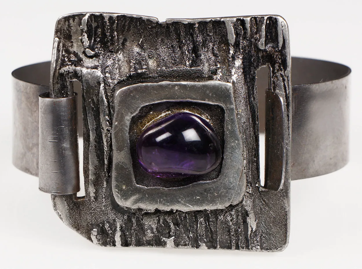 Vintage 1960s Brutalist Cuff Bracelet Modernist Pewter